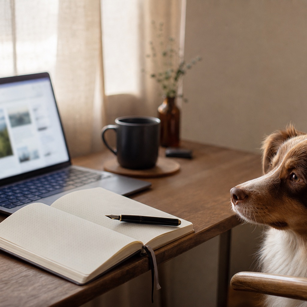 Open notebook and fountain pen beside a laptop with an editorial layout