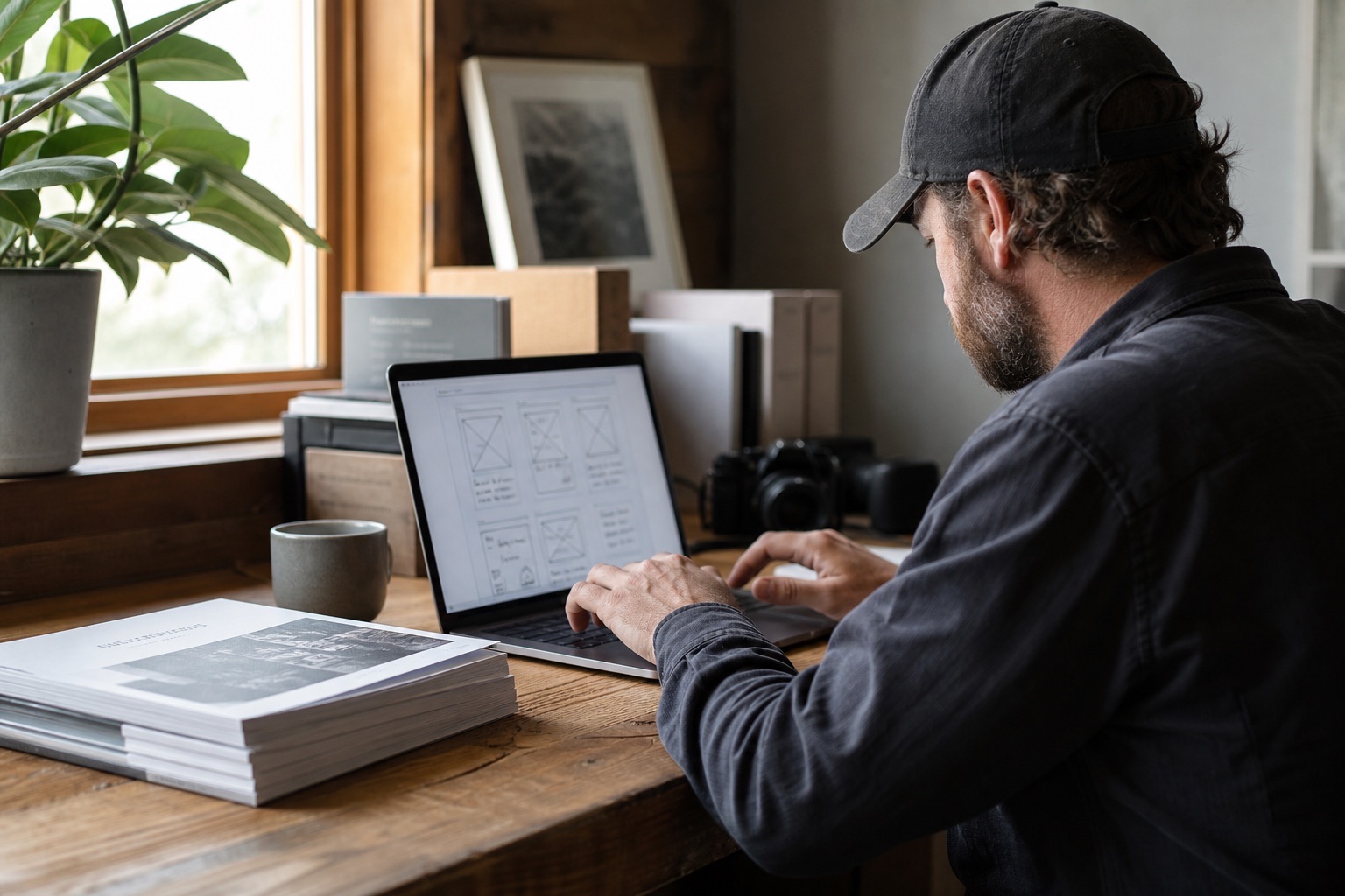 Writer working on website wireframes at a wooden desk, printed guides stacked nearby
