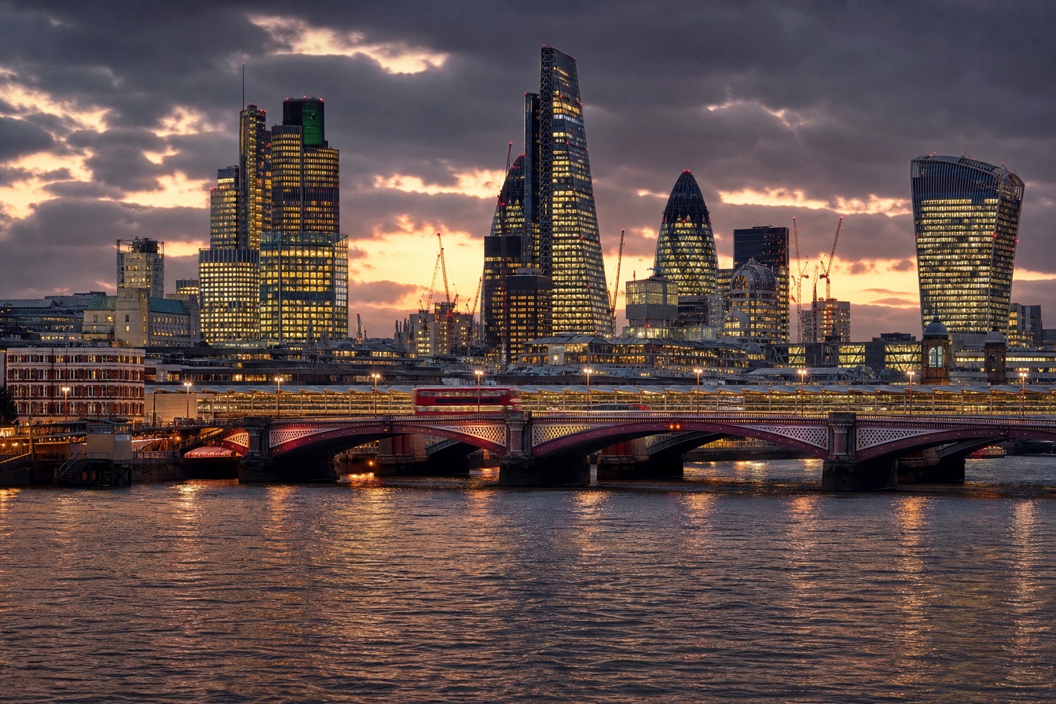 London skyline at dusk across the Thames, warm office lights and a red bus in motion