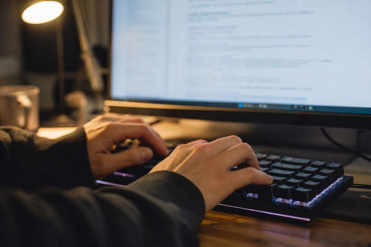 Hands typing on a mechanical keyboard in warm desk lamp light at night