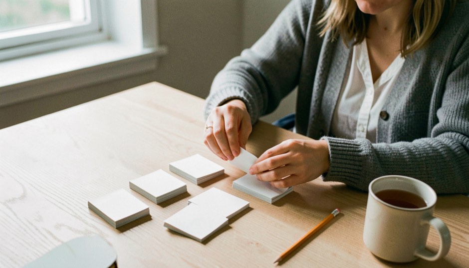 Woman in a grey cardigan sorting small stacks of blank white cards on a pale oak table, a pencil and a mug of tea beside her, soft morning window light, seen from slightly above
